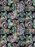 1990 1 3/4 YD Cotton Vintage - Aqua, Purple, Green and White Block Print Style Designs on Black
