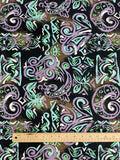 1990 1 3/4 YD Cotton Vintage - Aqua, Purple, Green and White Block Print Style Designs on Black