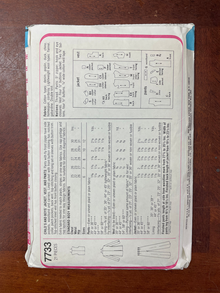 1976 Simplicity 7733 Sewing Pattern - Child's 3 Piece Suit – Lucky ...