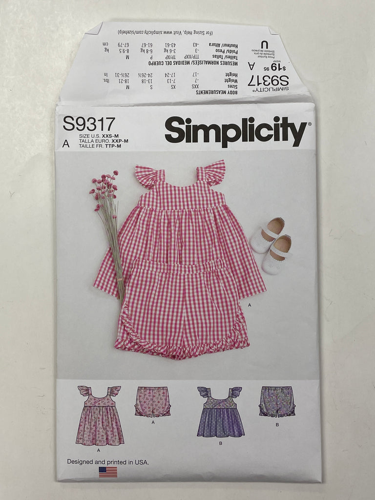 2021 Simplicity 9317 Sewing Pattern - Baby Dress, Top and Shorts FACTORY FOLDED