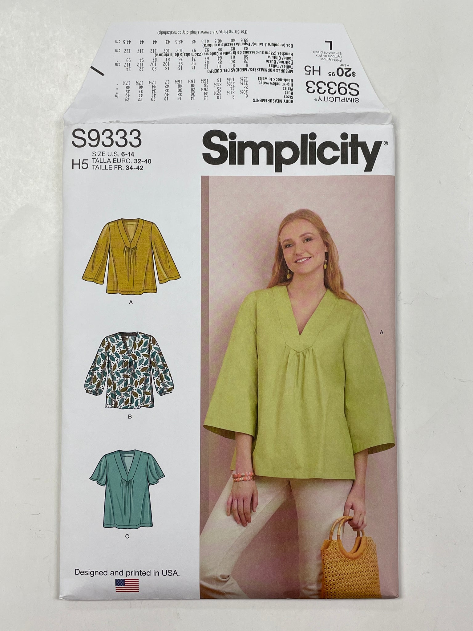 2021 Simplicity 9333 Sewing Pattern - Tops FACTORY FOLDED
