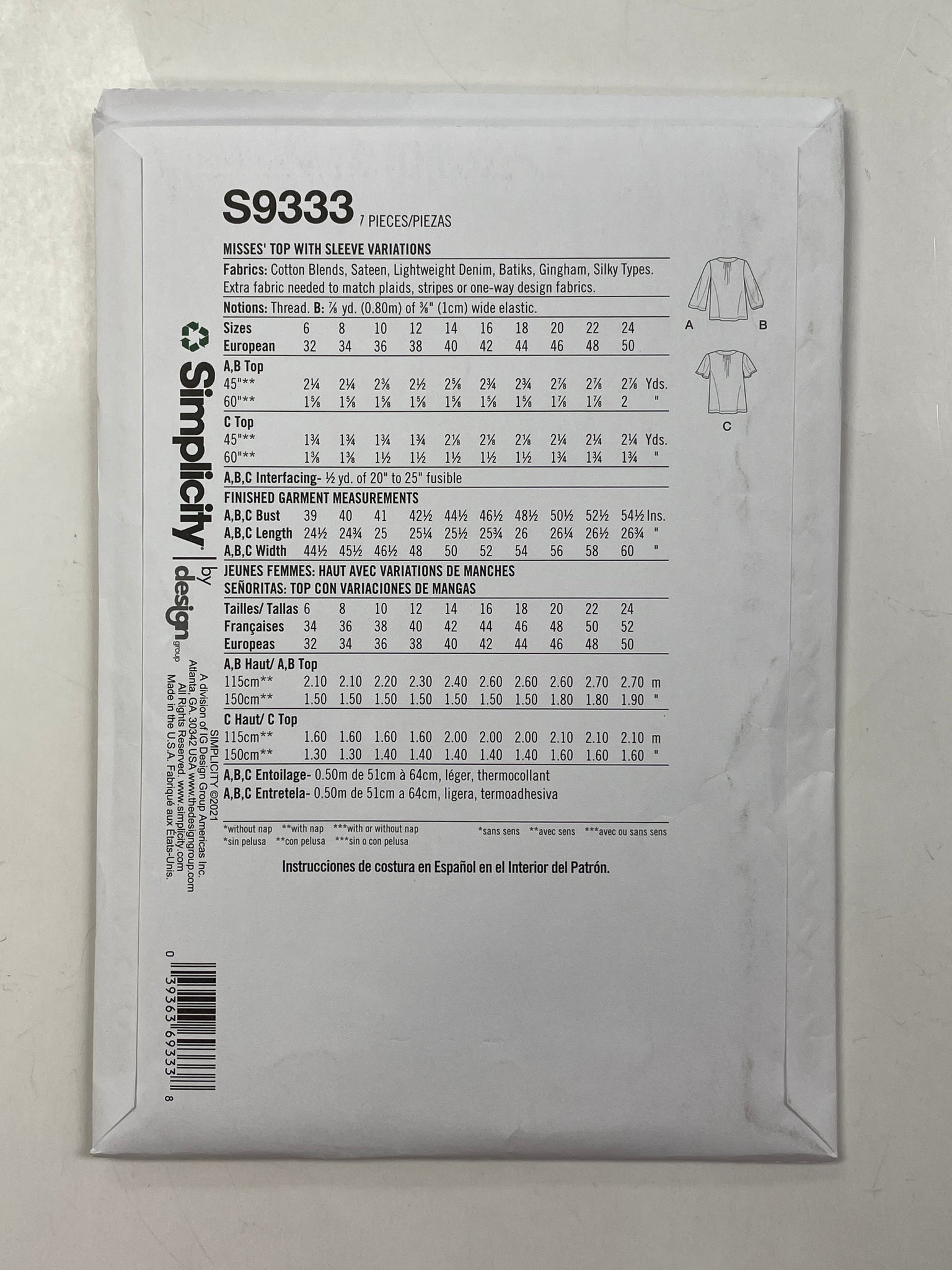 SALE 2021 Simplicity 9333 Sewing Pattern - Tops FACTORY FOLDED