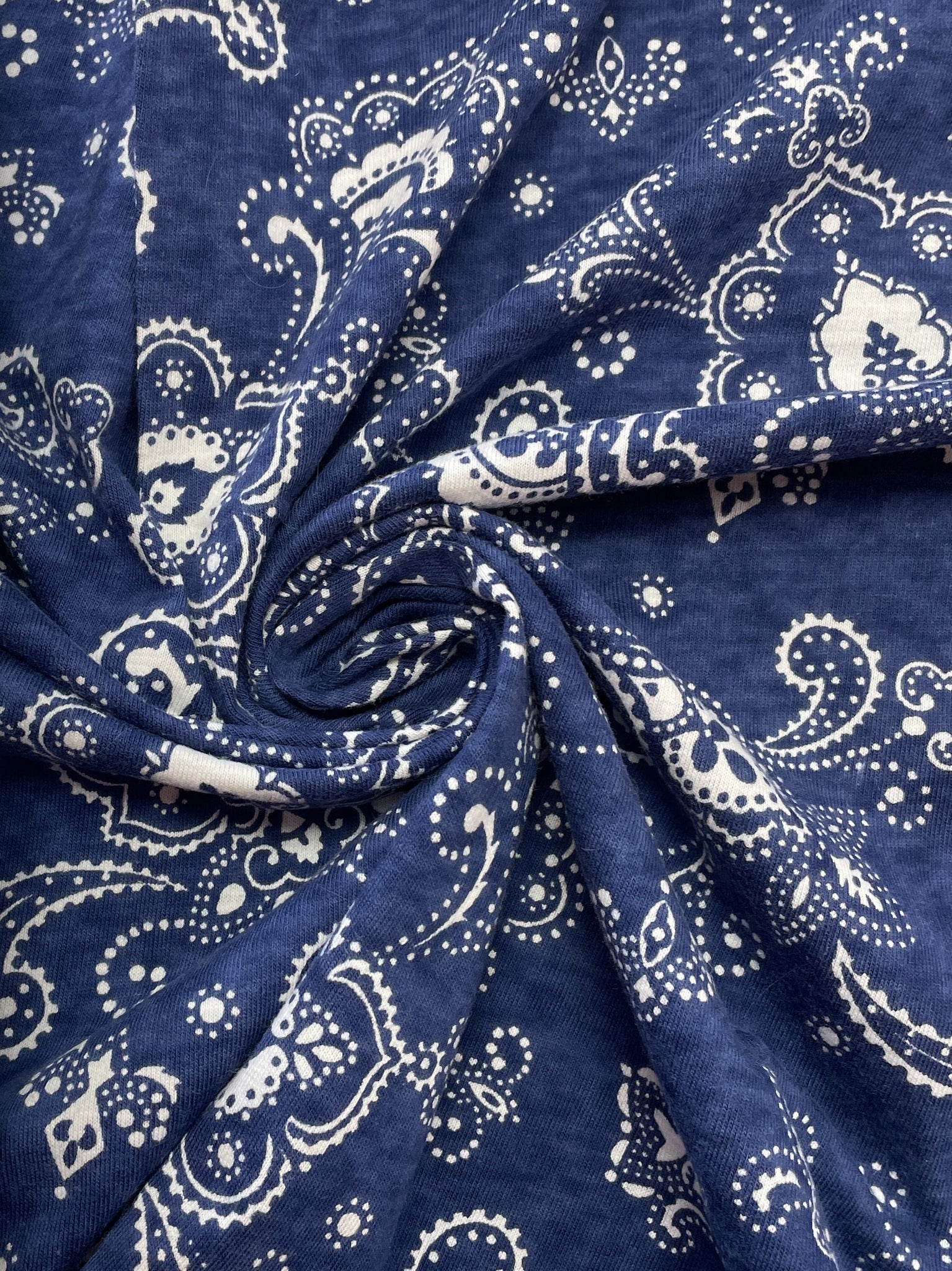 3/4 YD Cotton Knit Remnant - Heather Blue with White Paisley