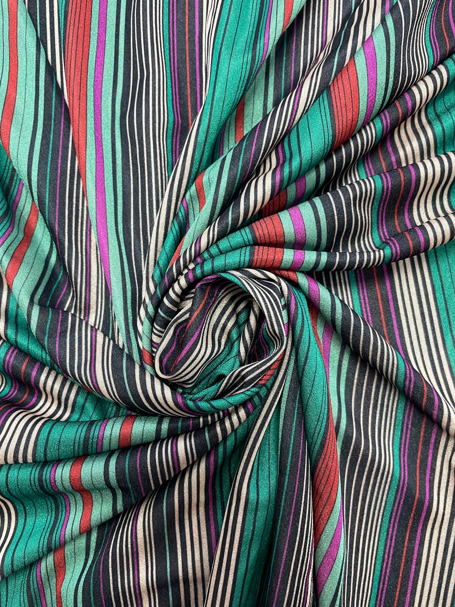 1 1/2 YD Nylon Fine Knit Printed Stripes Vintage - Green, Rust, Black, Purple and Beige