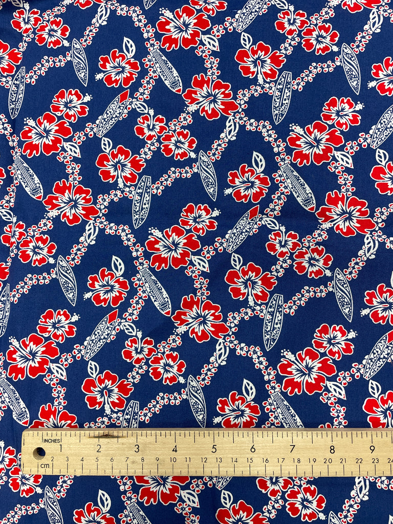 2006 1 YD Quilting Cotton - Blue with Red and White Flowers and Surfboards