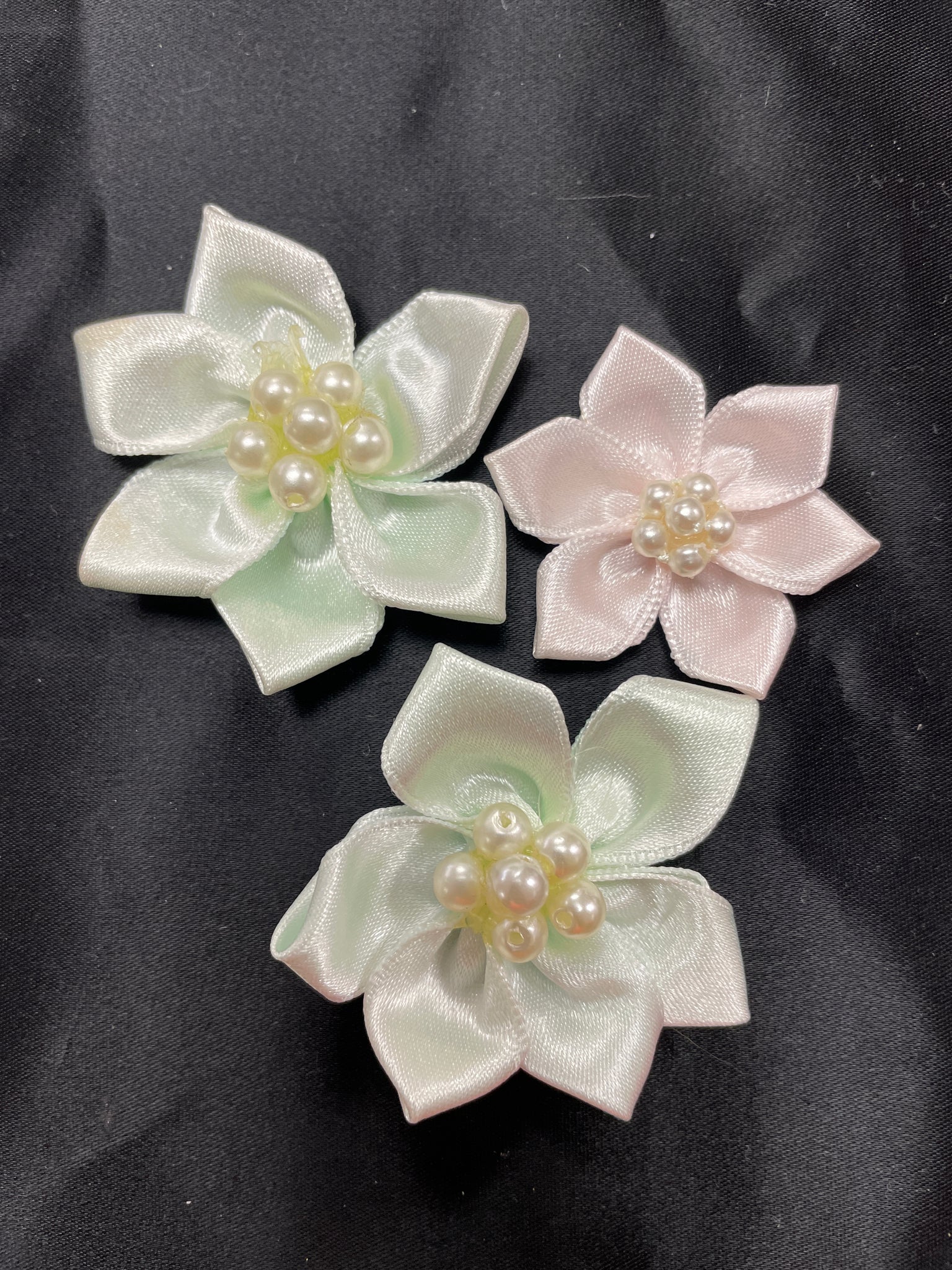 Ribbon Flower with Pearls Set of 3 - Pastel Mint and Pink