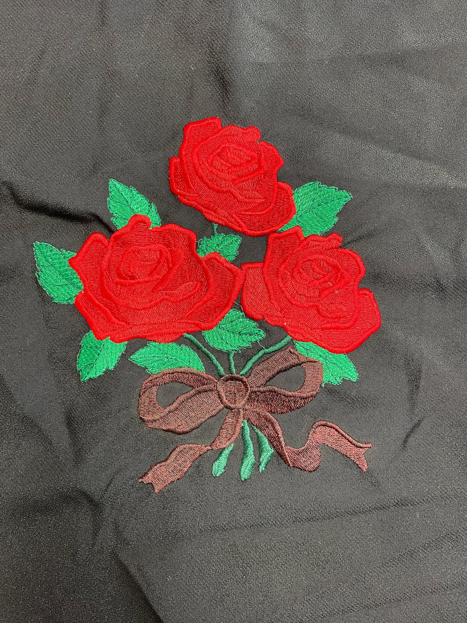 SALE Machine Embroidered Motif - Red Rose and Green Leaves on Black