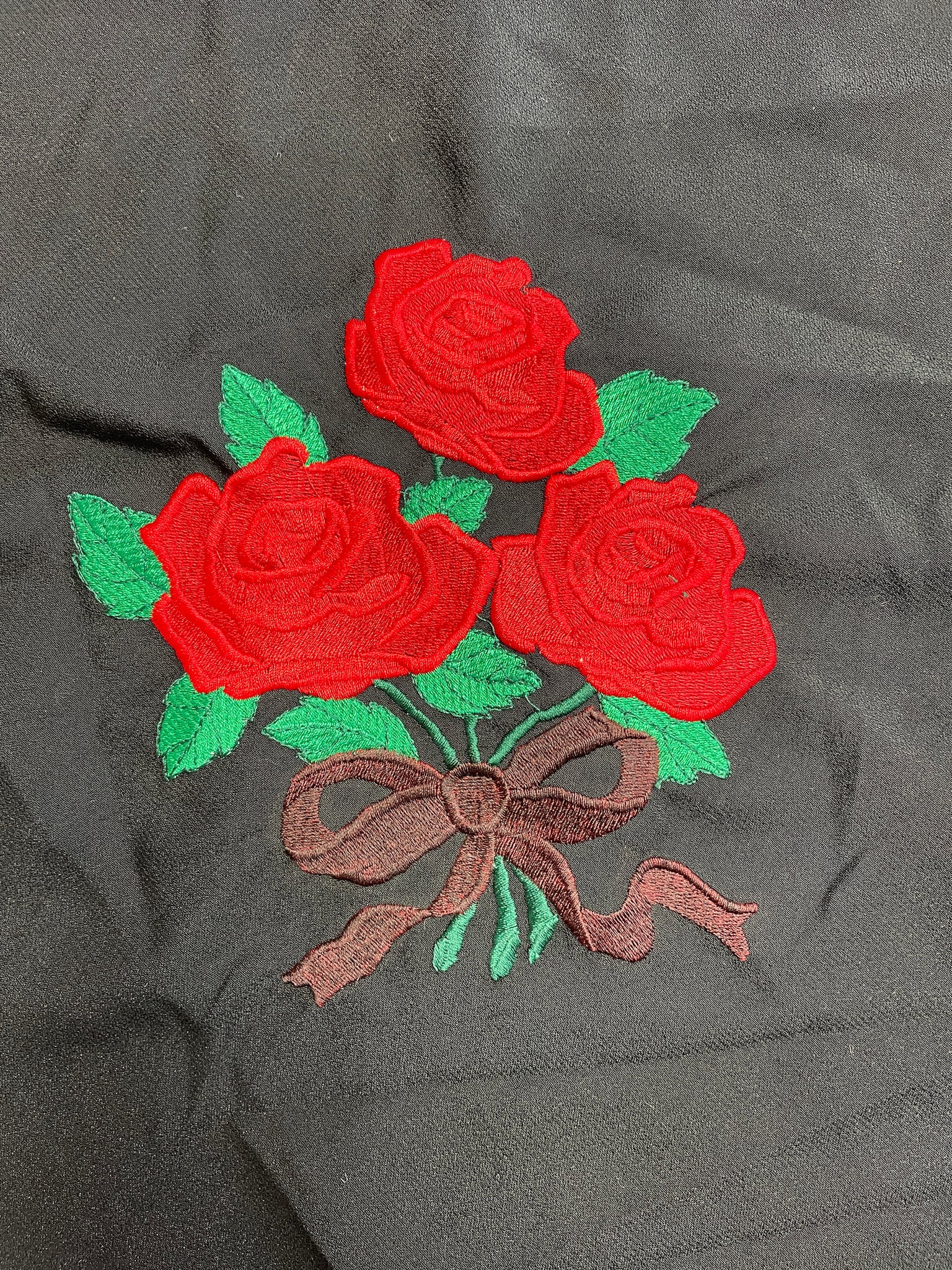 Machine Embroidered Motif - Red Rose and Green Leaves on Black