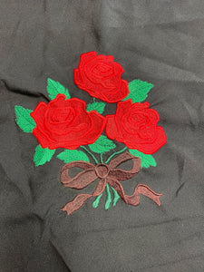 SALE Machine Embroidered Motif - Red Rose and Green Leaves on Black