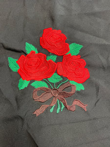 Machine Embroidered Motif - Red Rose and Green Leaves on Black
