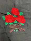 Machine Embroidered Motif - Red Rose and Green Leaves on Black