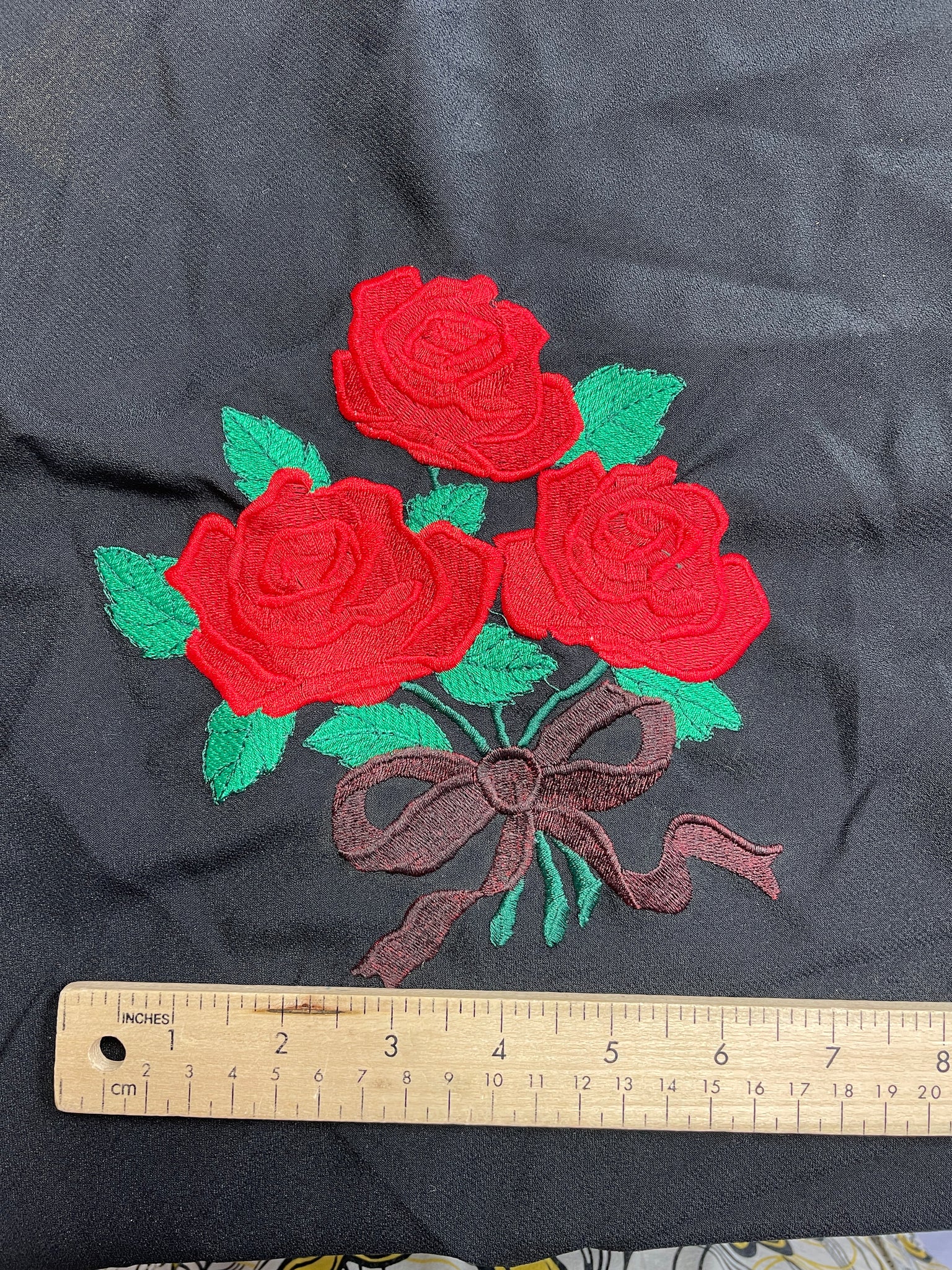 Machine Embroidered Motif - Red Rose and Green Leaves on Black