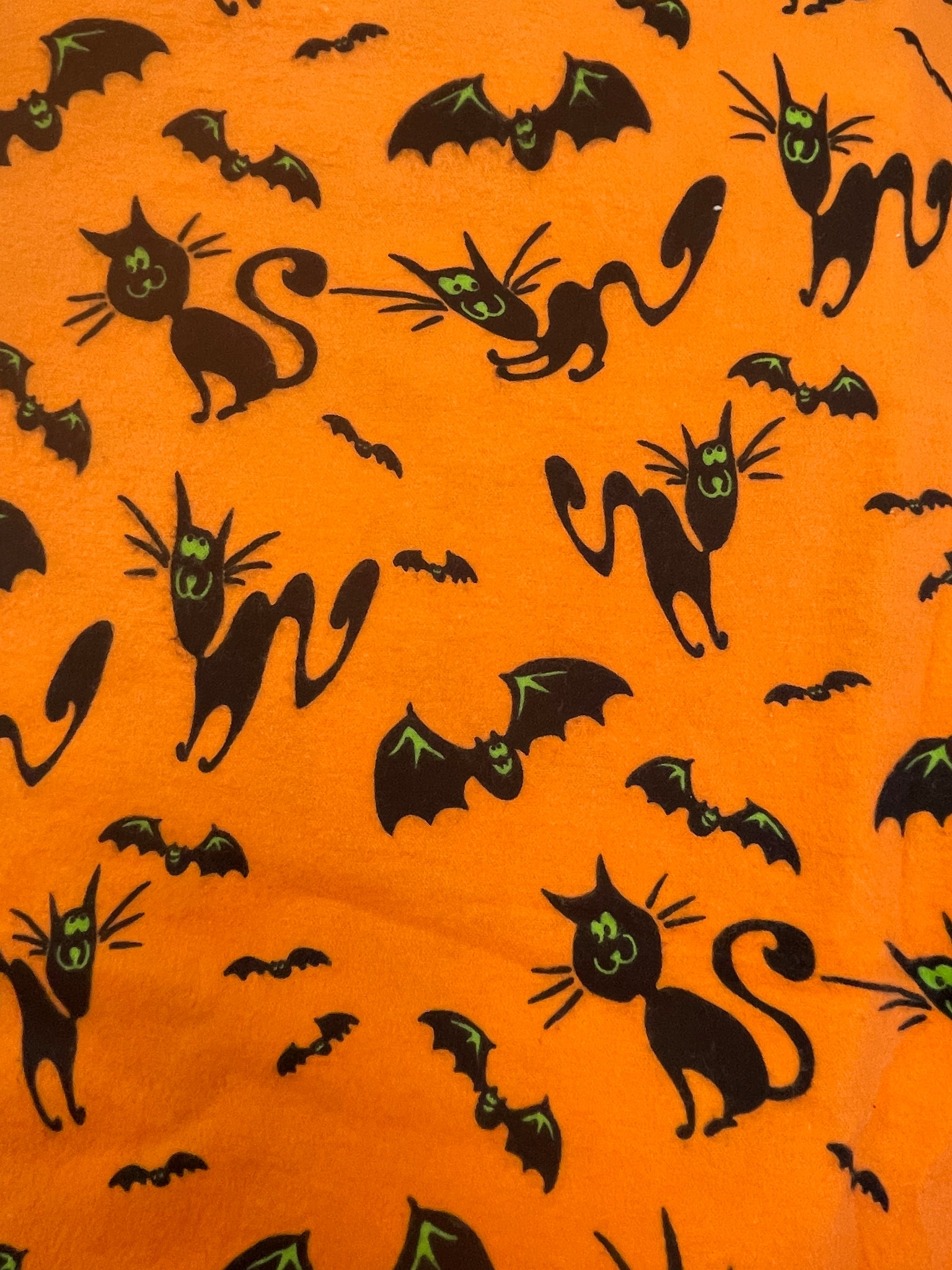3 7/8 YD Cotton Flannel - Bright Orange with Black Cats and Bats