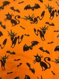 3 7/8 YD Cotton Flannel - Bright Orange with Black Cats and Bats