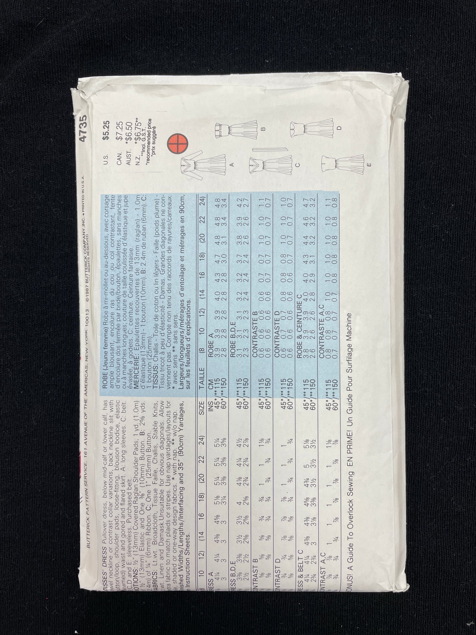 1987 Butterick 4735 Pattern - Dress FACTORY FOLDED