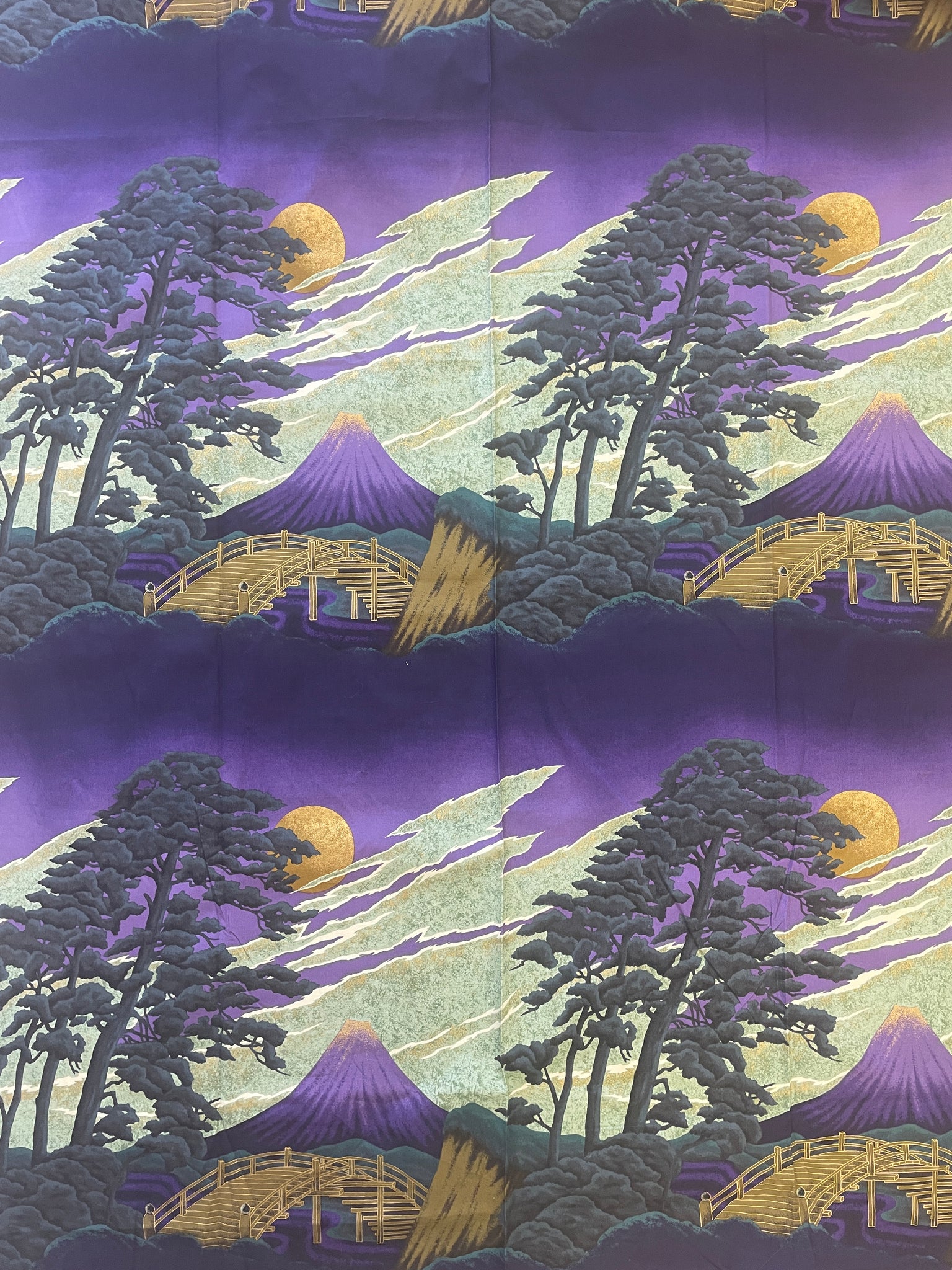 3 7/8 YD Quilting Cotton - Bridge and Trees in Purple Sunset with Metallic Gold Accents
