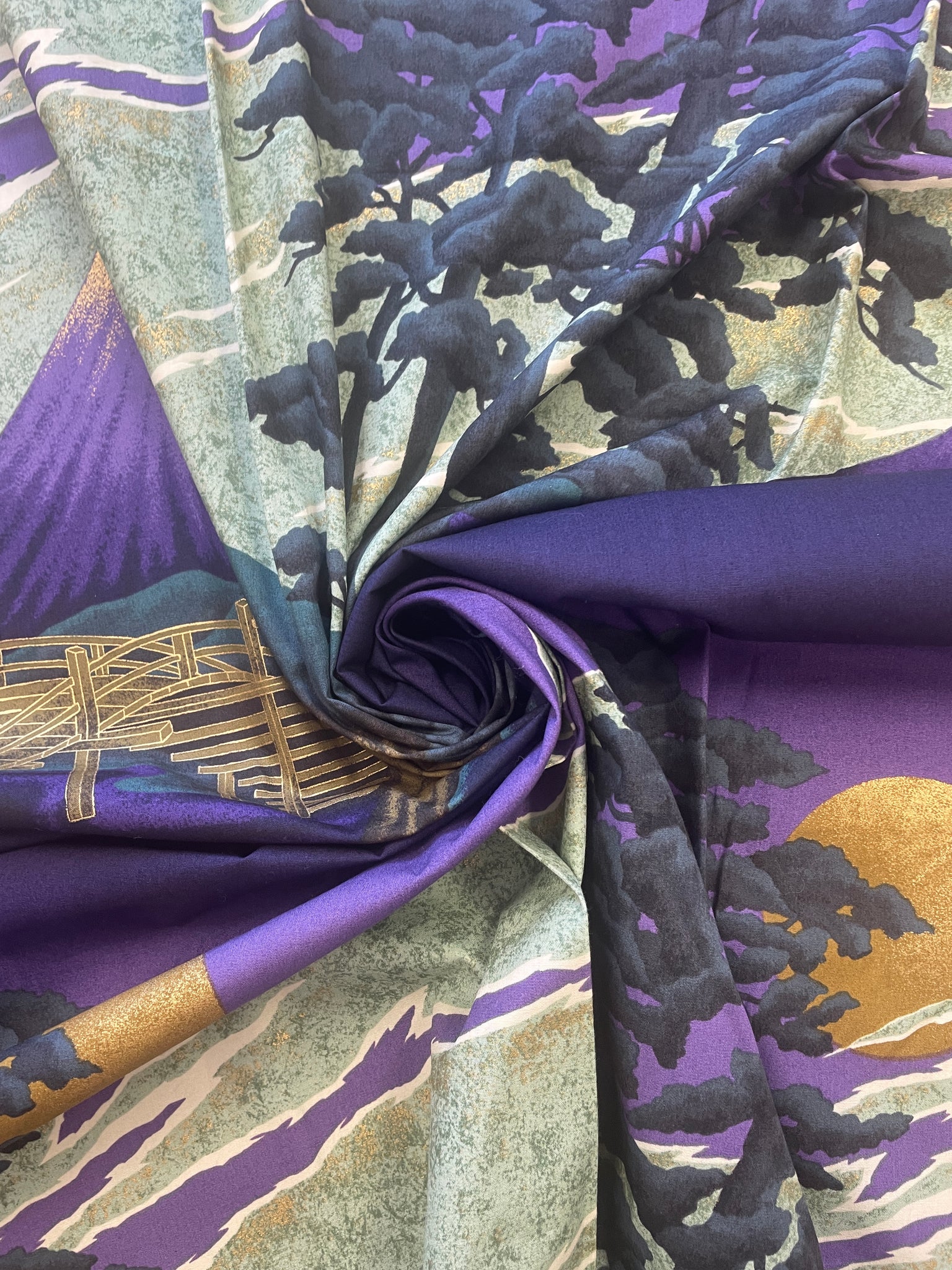 3 7/8 YD Quilting Cotton - Bridge and Trees in Purple Sunset with Metallic Gold Accents