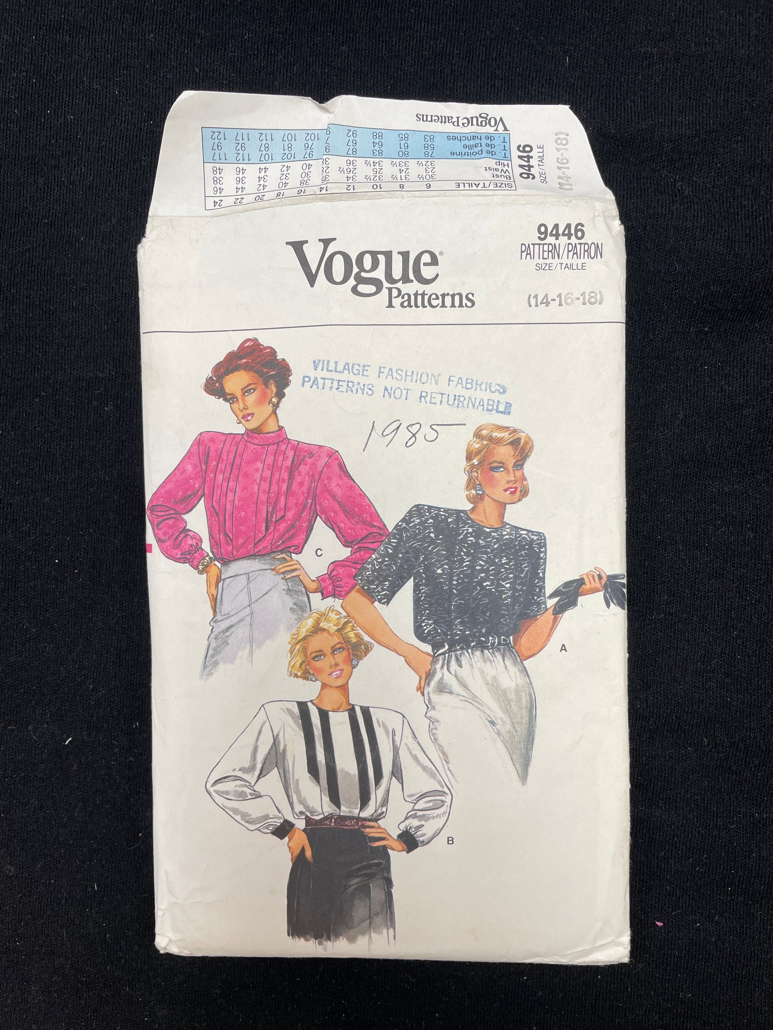 1985 Vogue 9446 Sewing Pattern - Blouses FACTORY FOLDED