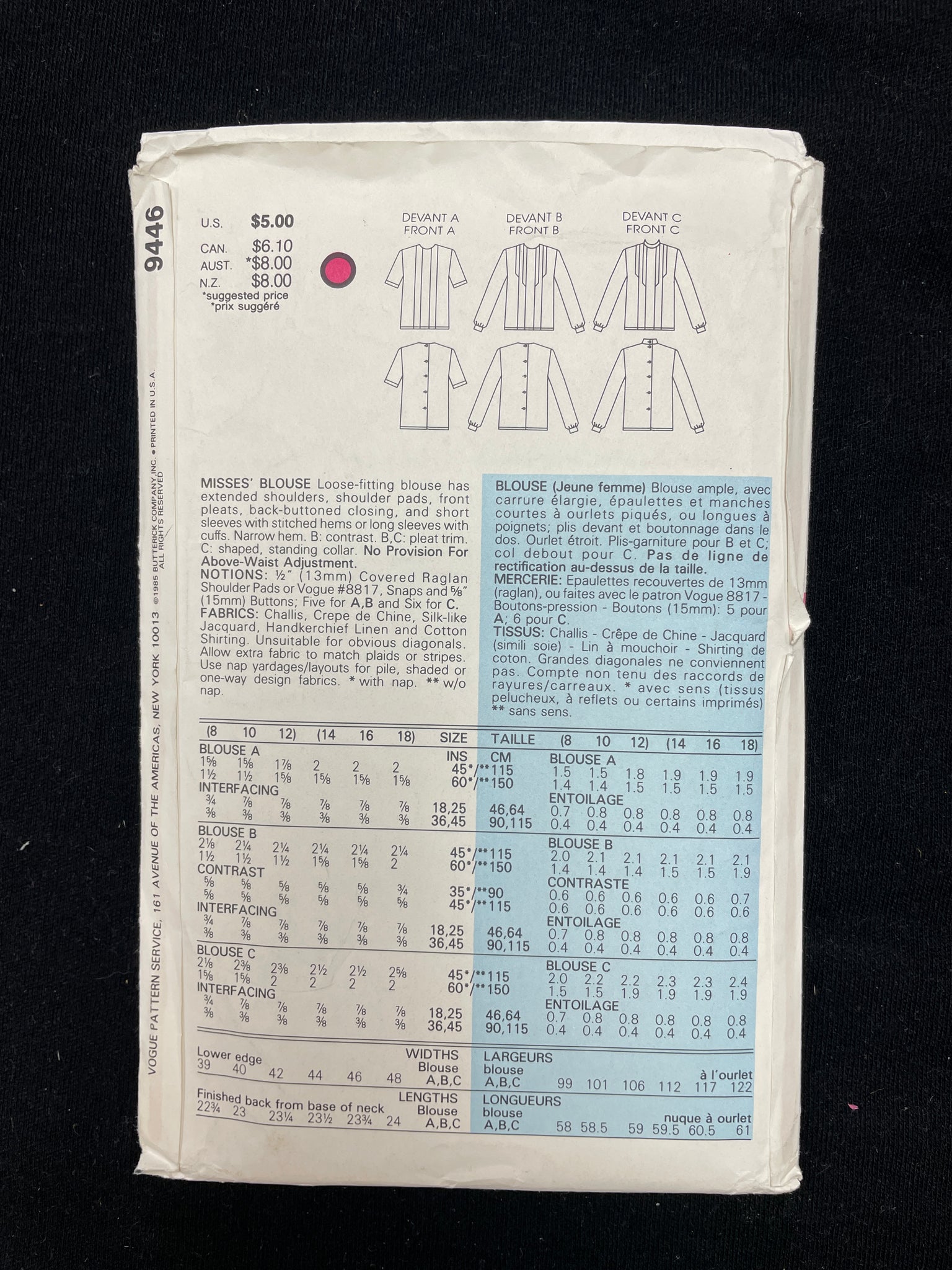 1985 Vogue 9446 Sewing Pattern - Blouses FACTORY FOLDED