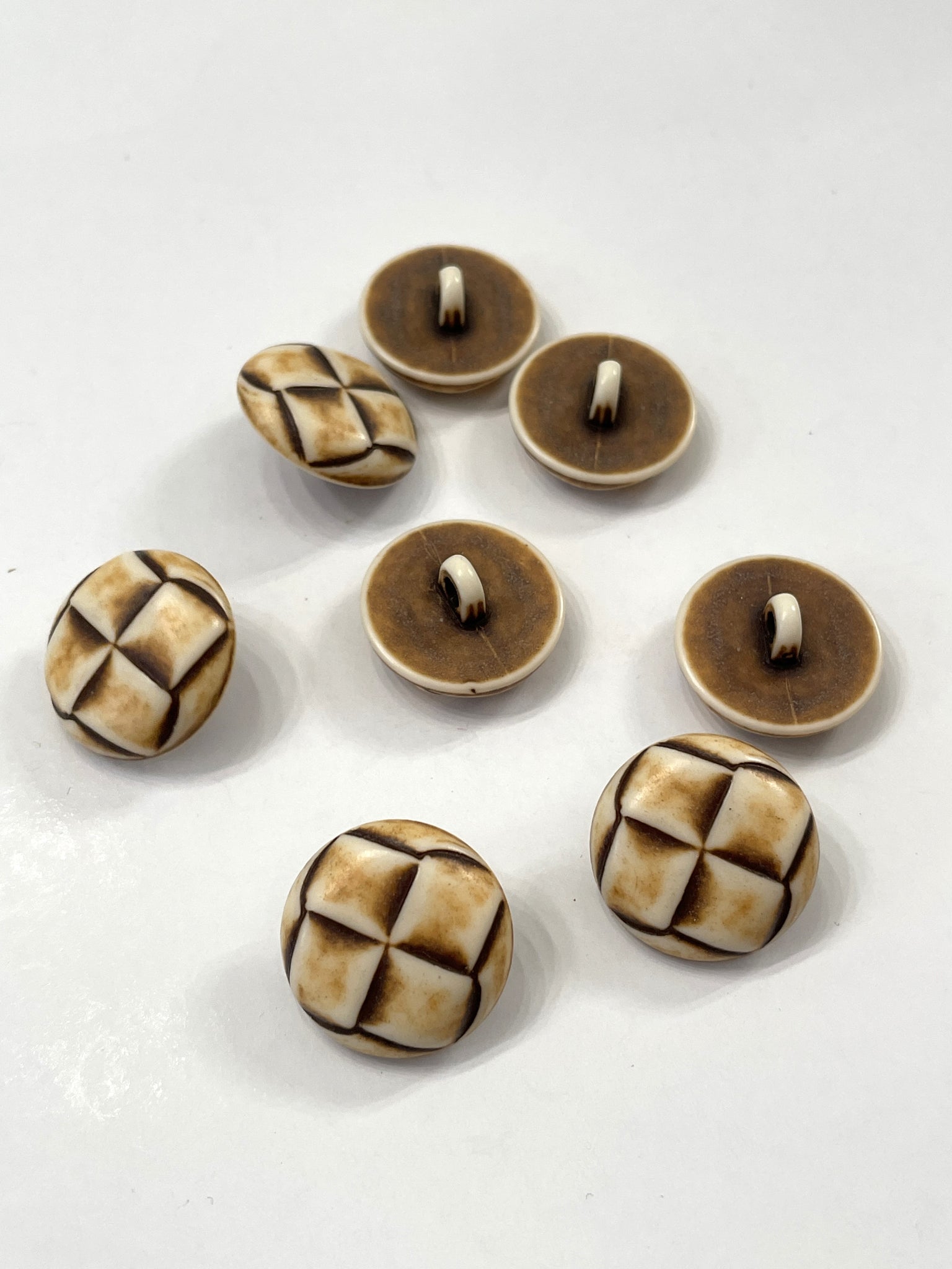 Buttons Shank Plastic Faux Woven Set of 8 Vintage - Brown and Off White
