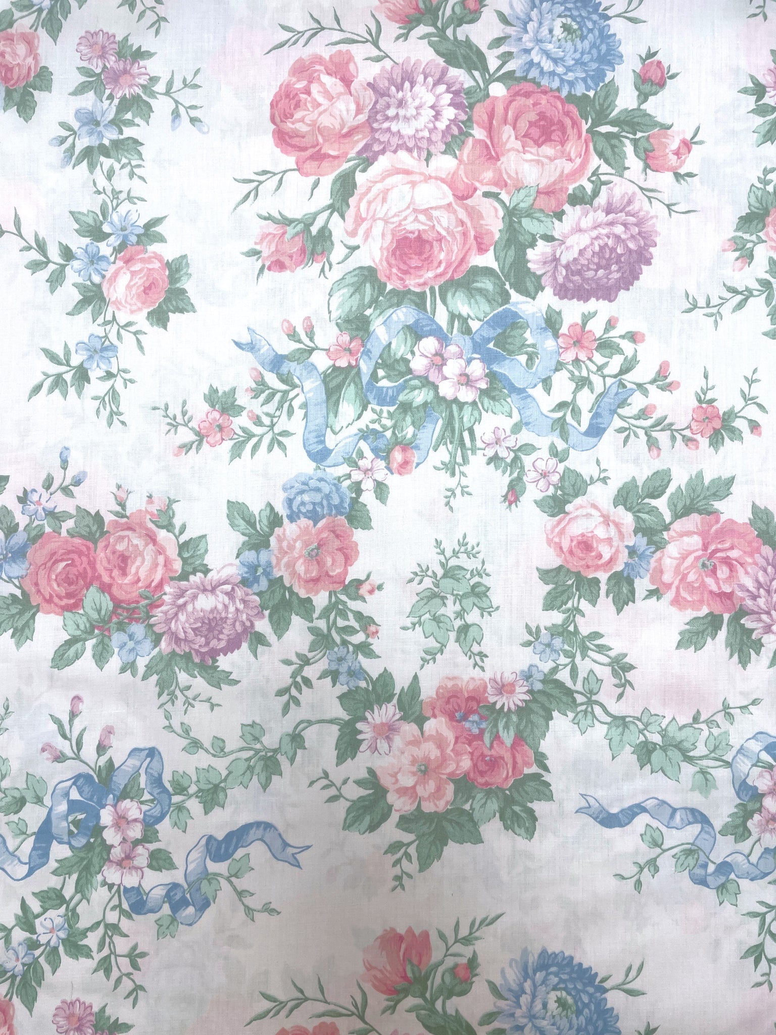 Poly/Cotton Vintage - Pink, Blue and Purple Flowers on White with Blue Ribbon