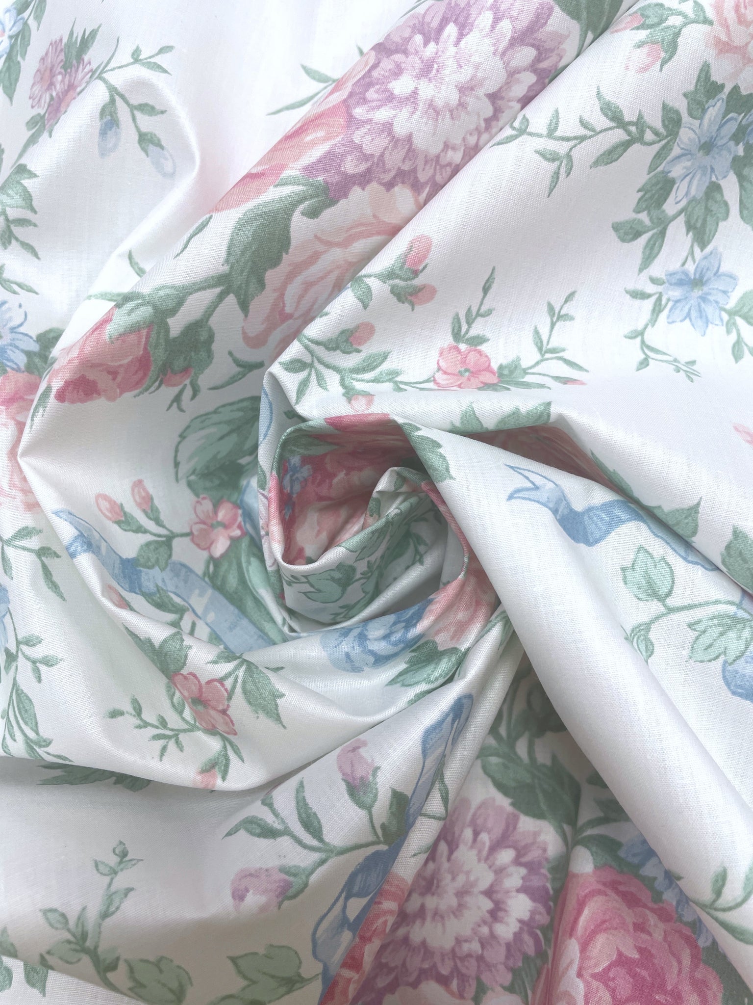 Poly/Cotton Vintage - Pink, Blue and Purple Flowers on White with Blue Ribbon