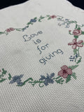 Counted Cross Stitch Completed Vintage - "Love is for giving" in a Floral-Shaped Heart