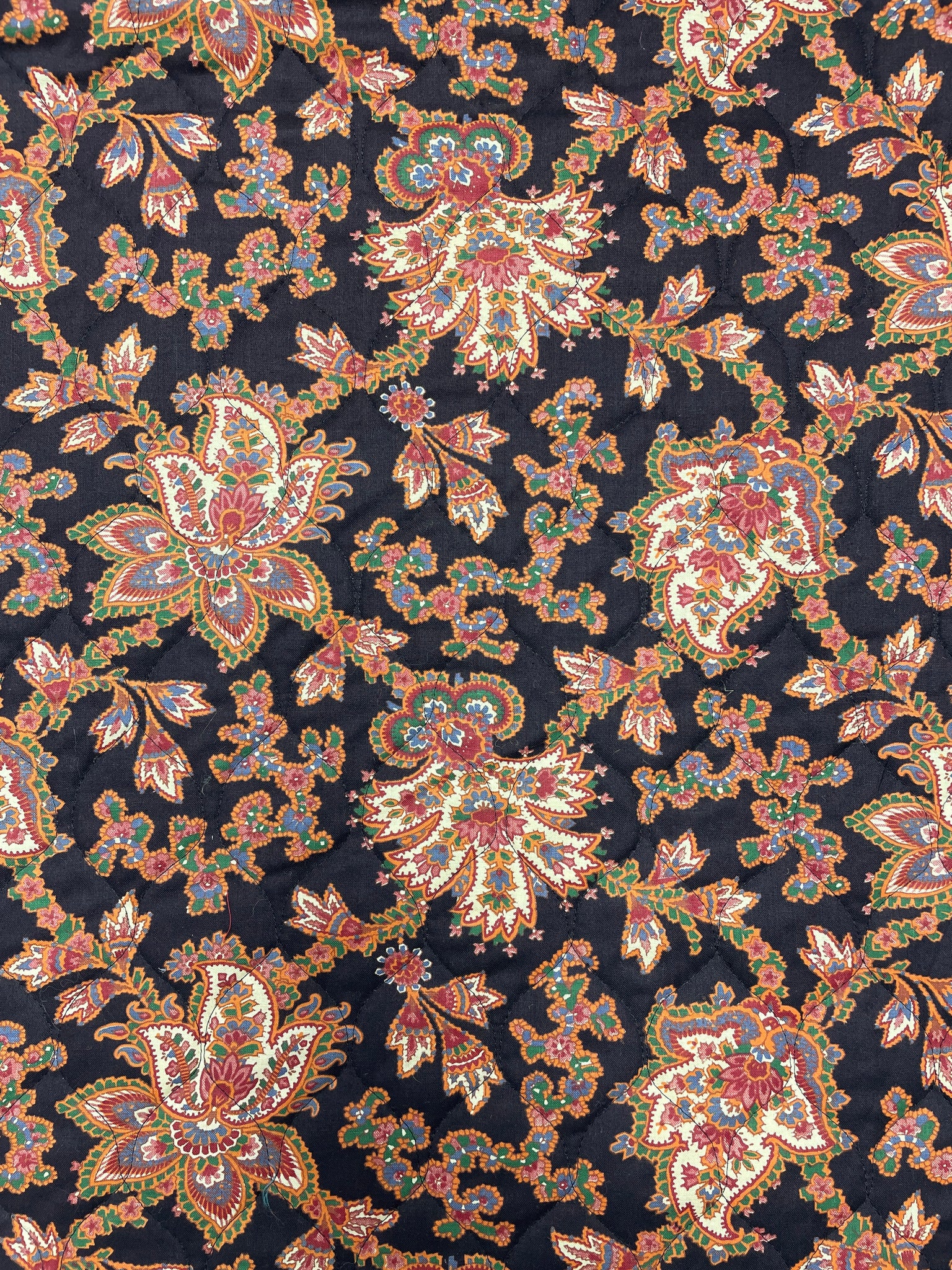 3 1/8 YD Cotton Quilted onto Polyester Batting Vintage - Autumnal Jacobean Flowers on Black