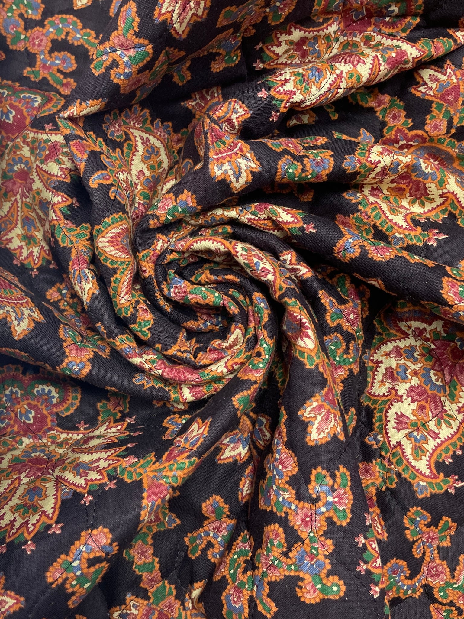 3 1/8 YD Cotton Quilted onto Polyester Batting Vintage - Autumnal Jacobean Flowers on Black