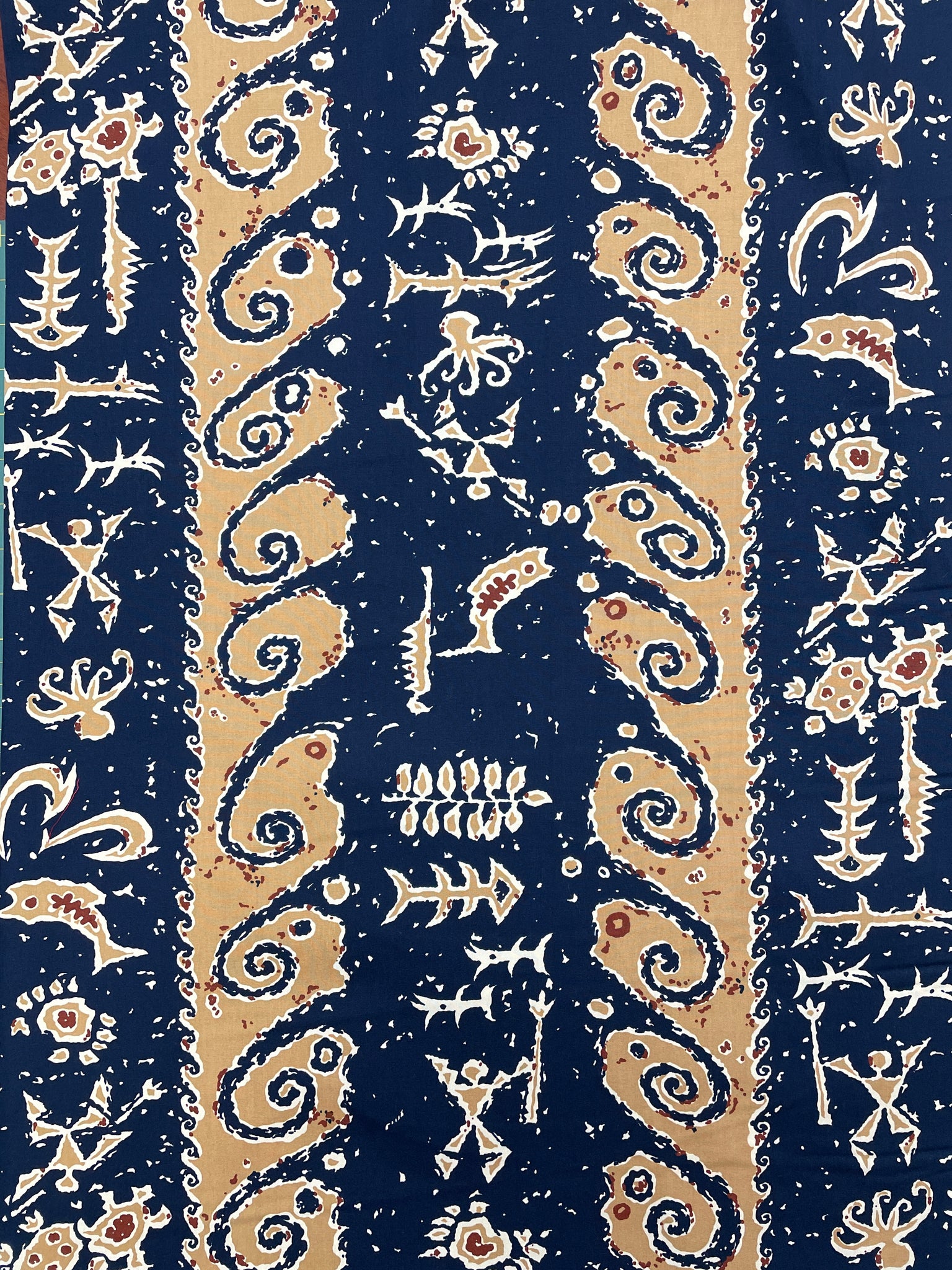 1 1/4 YD Cotton Vintage - Navy Blue with Stripes of Beige and Off White Waves and Ocean Animals