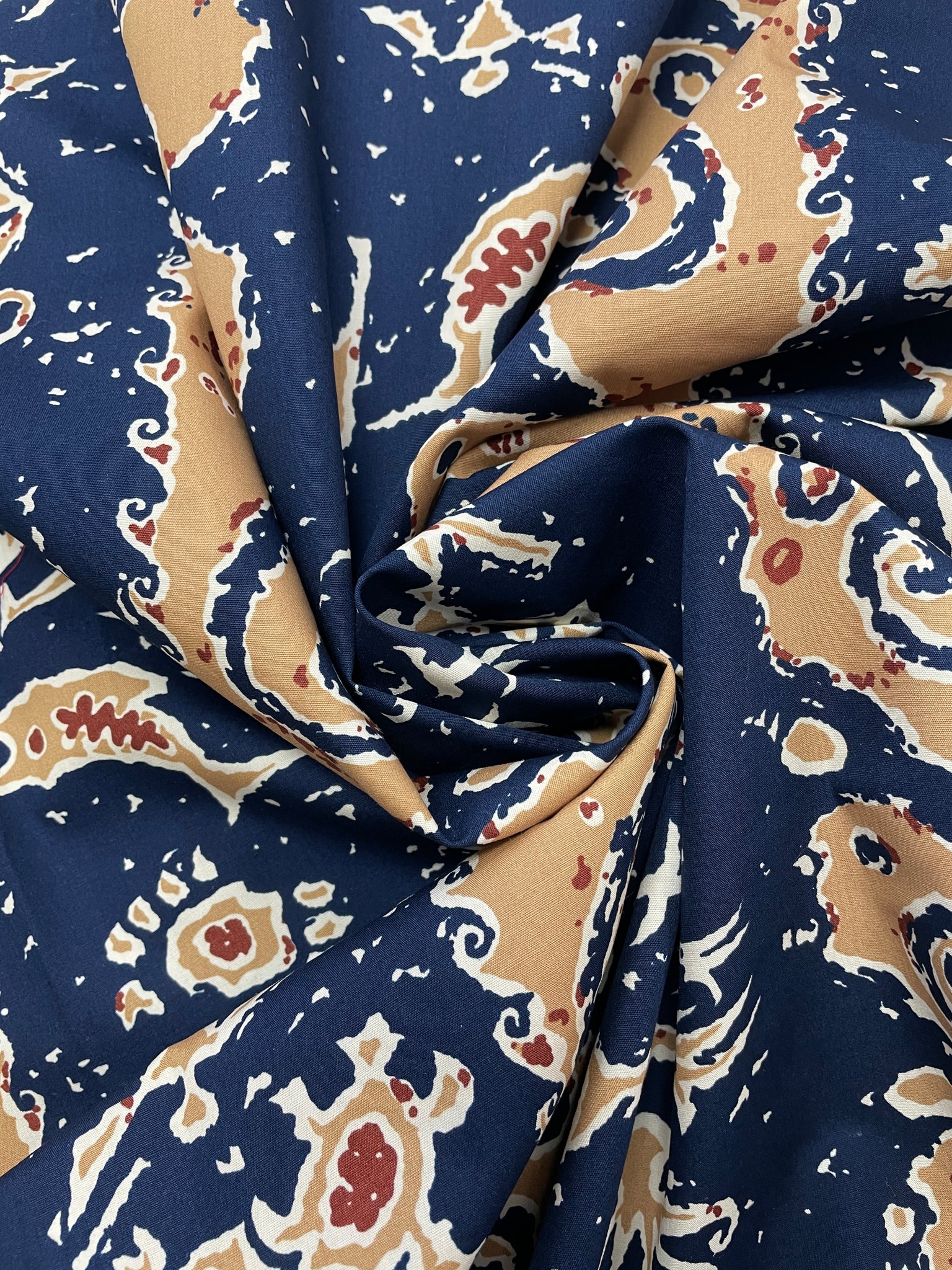 1 1/4 YD Cotton Vintage - Navy Blue with Stripes of Beige and Off White Waves and Ocean Animals