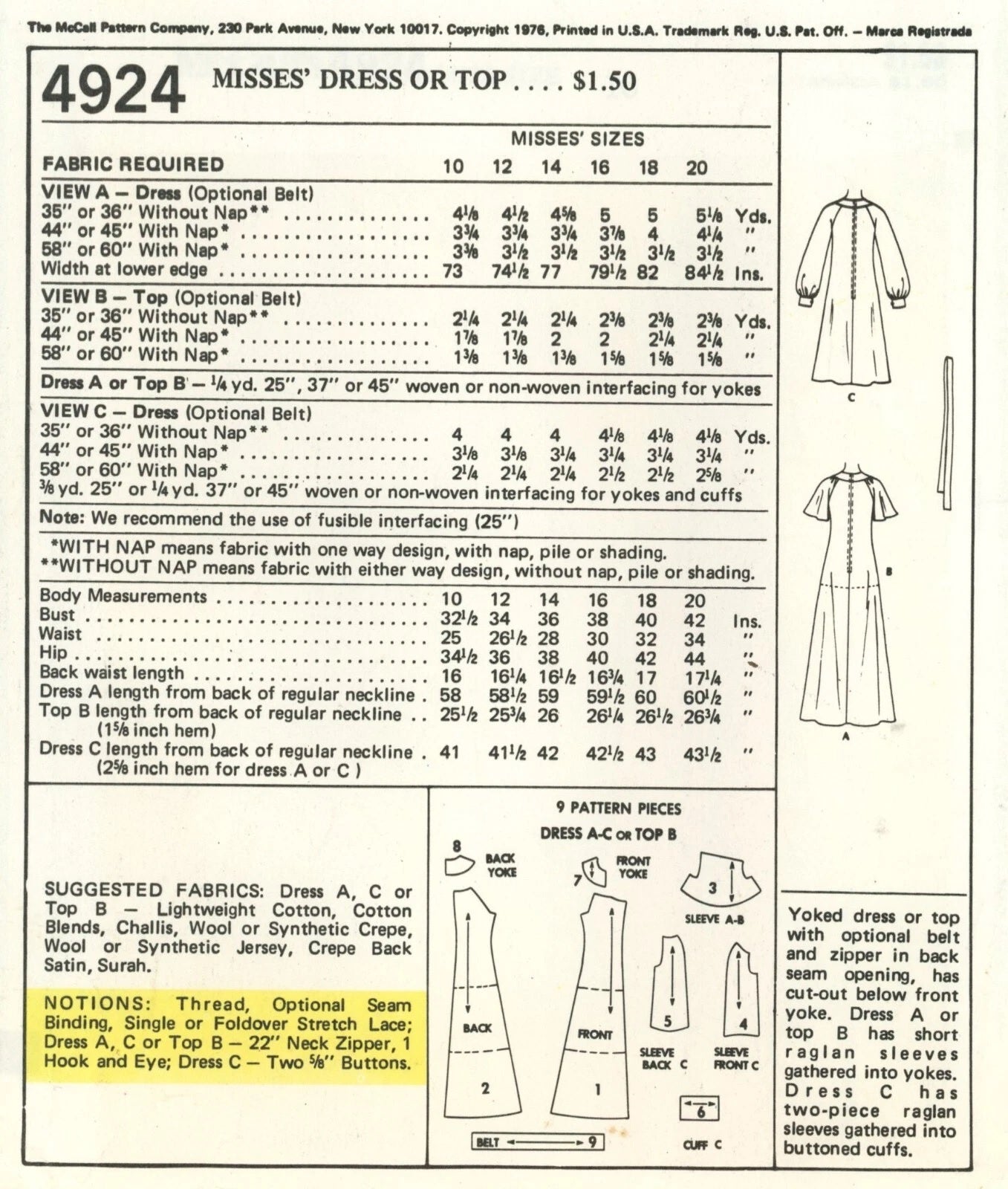 1967 McCall's 4924 Sewing Pattern - Adult Dresses FACTORY FOLDED