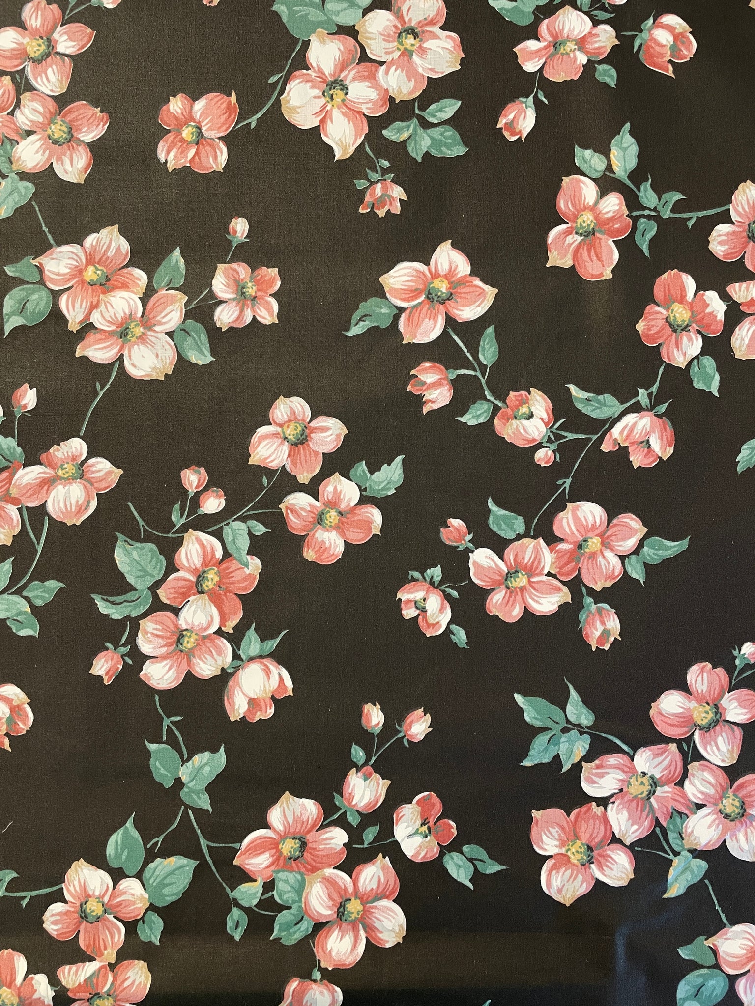SALE 2 3/8 YD Quilting Poly Cotton - Pink Apple Blossoms on Black