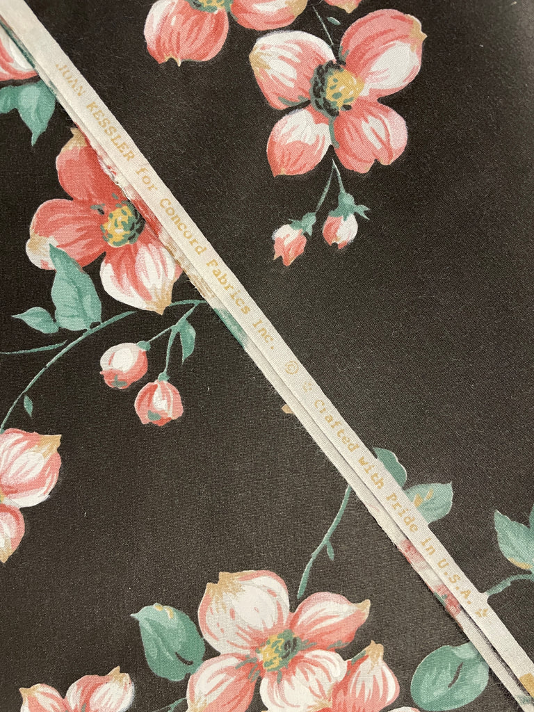 2 3/8 YD Quilting Poly Cotton - Pink Apple Blossoms on Black