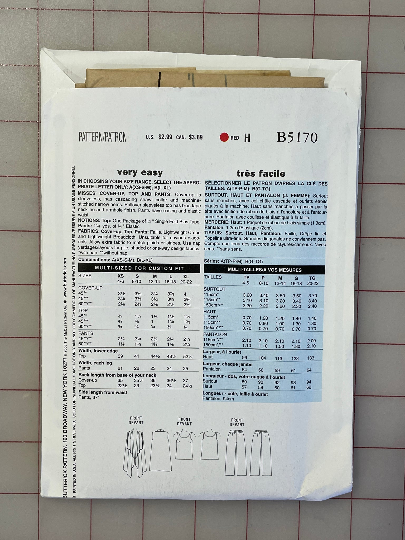 SALE 2008 See & Sew 5170 Pattern - Cover-Up, Top and Pants FACTORY FOLDED