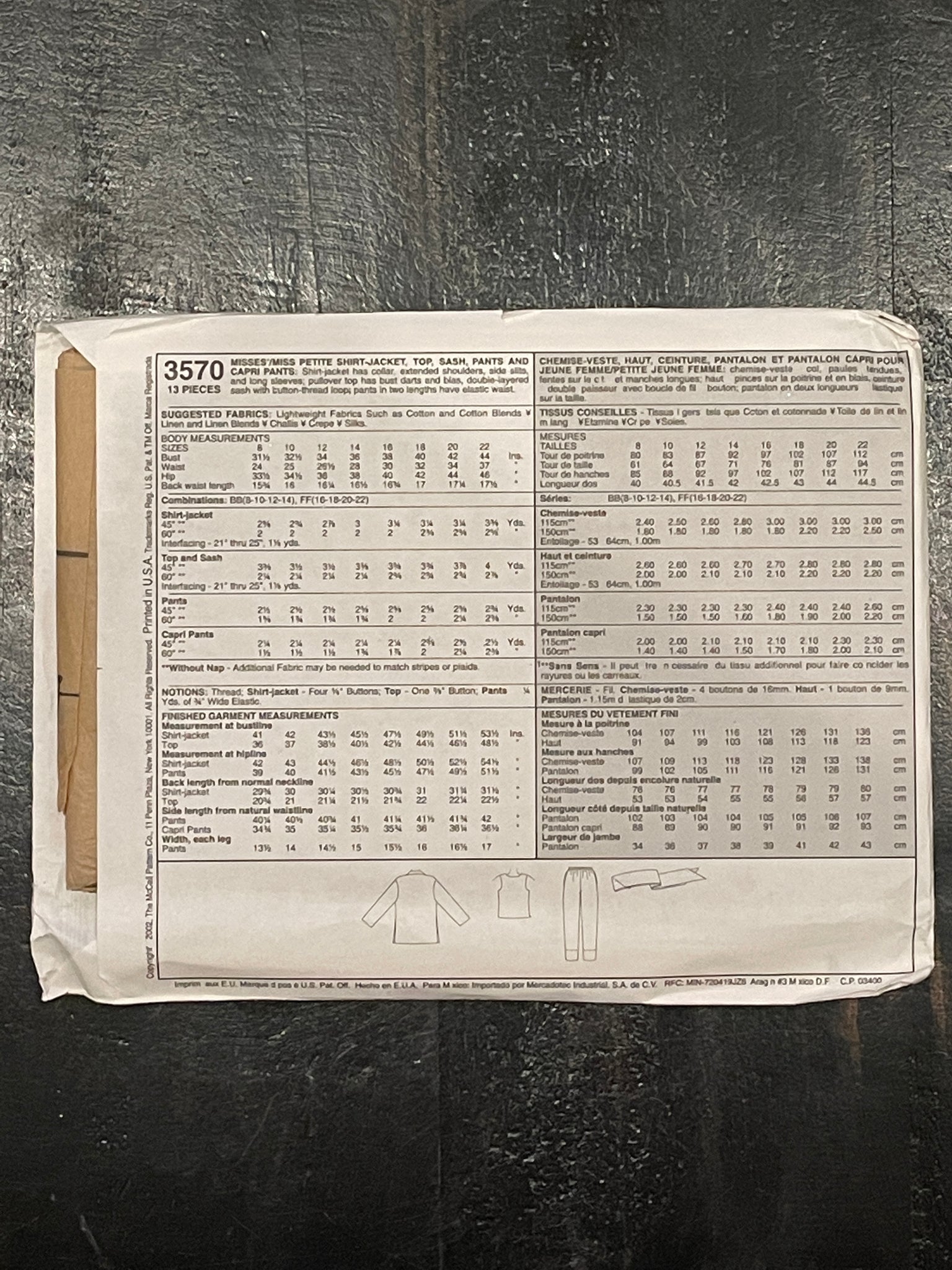 SALE 2002 McCall's 3570 Pattern - Women's Shirt Jacket, Blouse, Sash and Pants FACTORY FOLDED