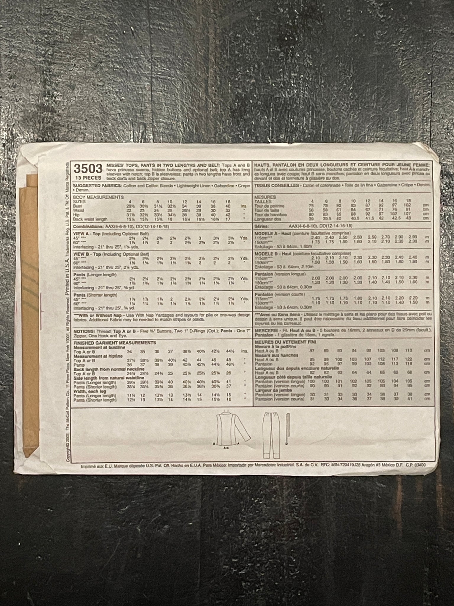 SALE 2002 McCall's 3503 Pattern - Women's Shirt and Pants and Belt FACTORY FOLDED