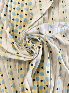 1 3/4 YD Polyester Pleated Print - Ecru with Light Blue, Navy Blue and Yellow Polka Dots