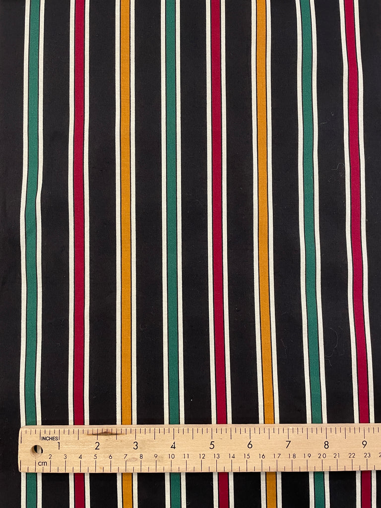 Quilting Cotton Vintage - Red, Green, Yellow Stripes on Black
