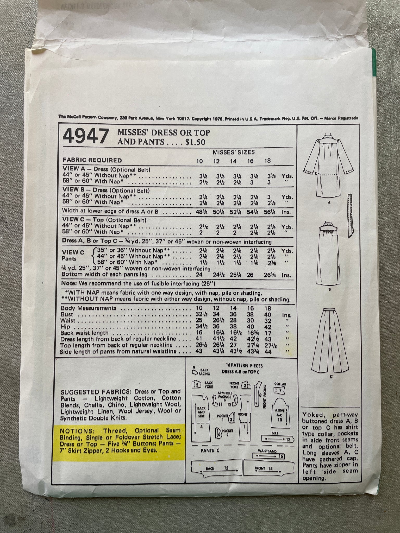 1976 McCall's 4947 Pattern - Dress or Top and Pants