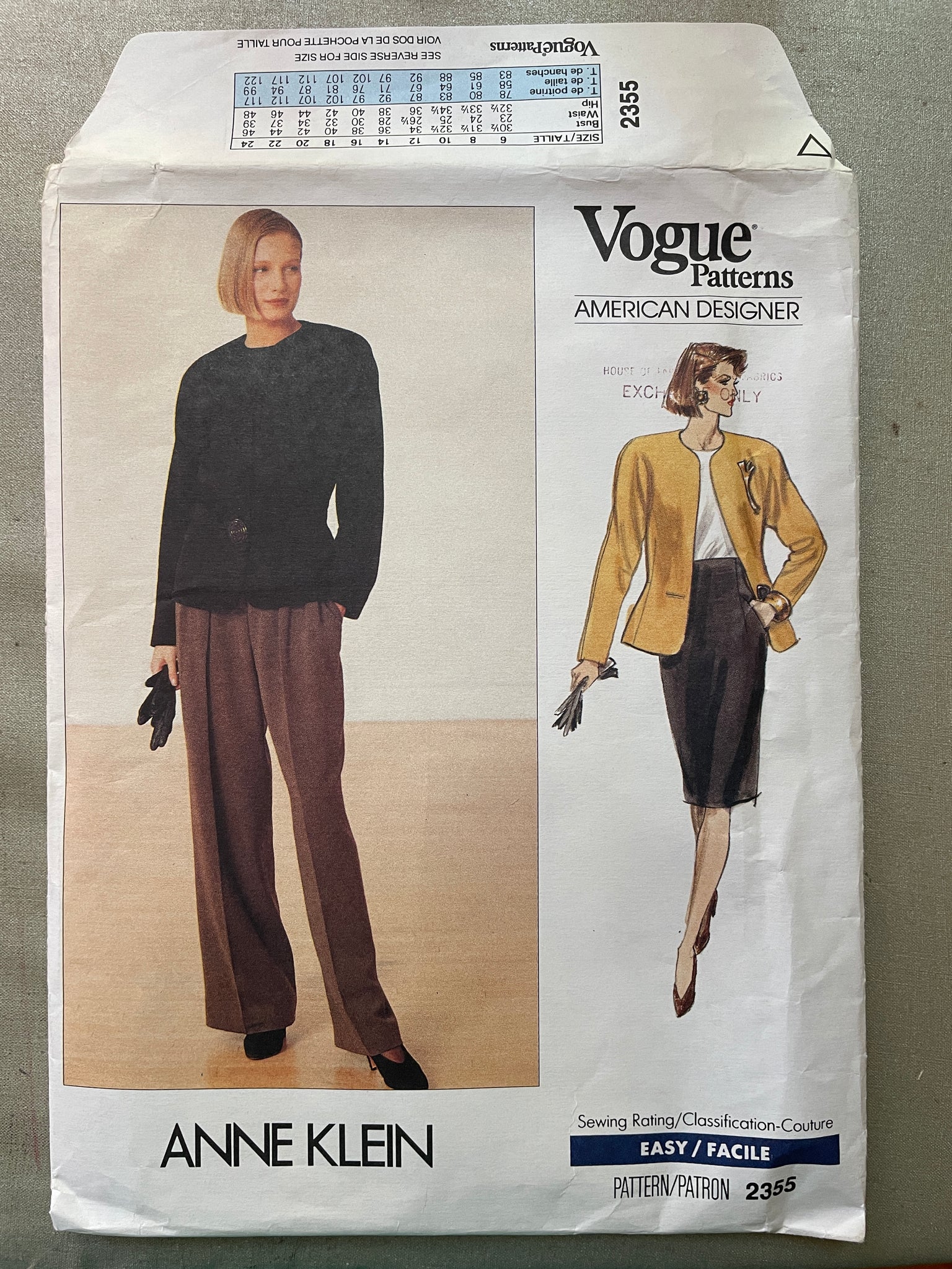 1989 Vogue 2355 Pattern - Jacket, Skirt and Pants FACTORY FOLDED