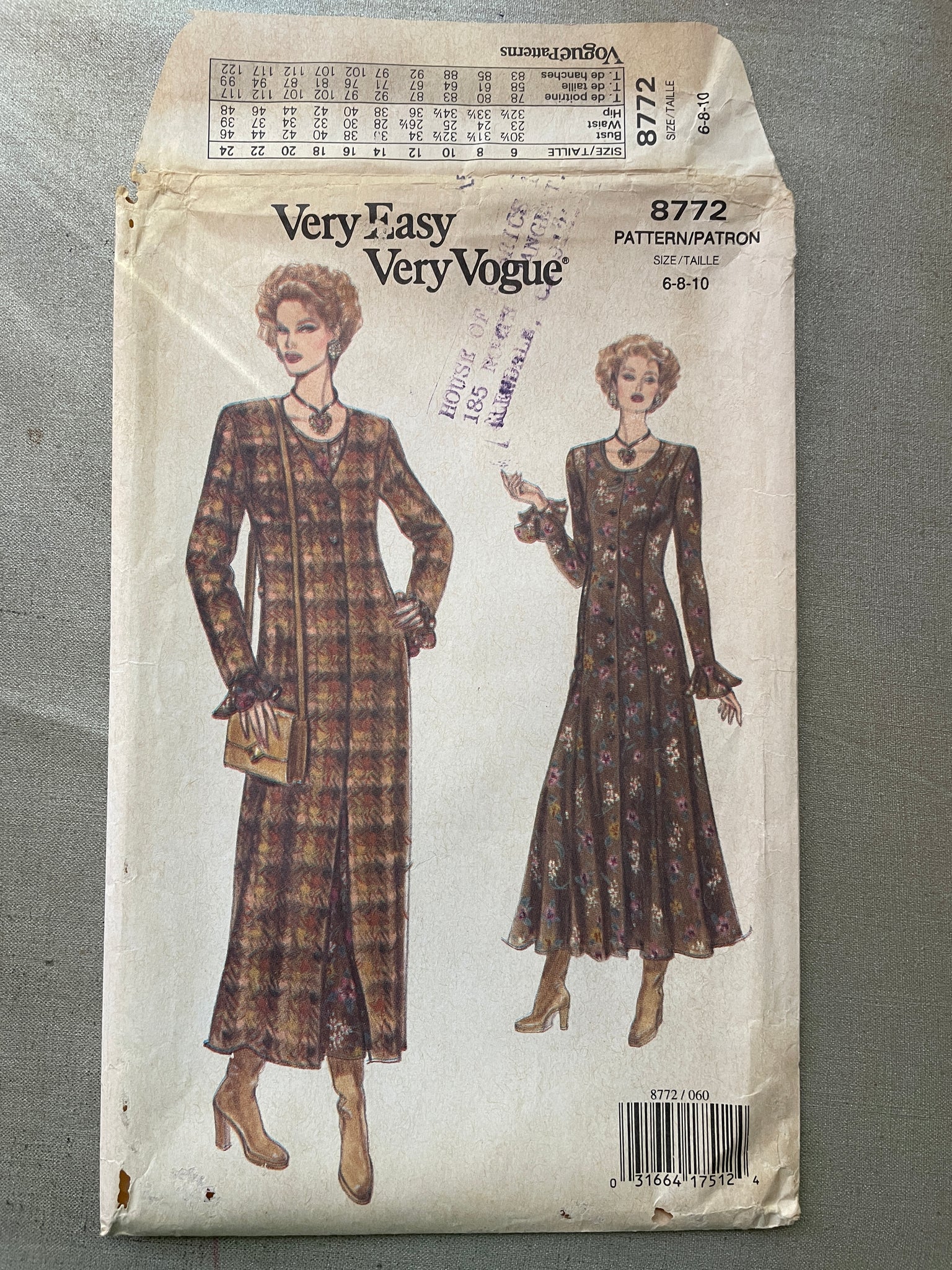 SALE 1980's Vogue 8772 Pattern - Duster and Dress FACTORY FOLDED