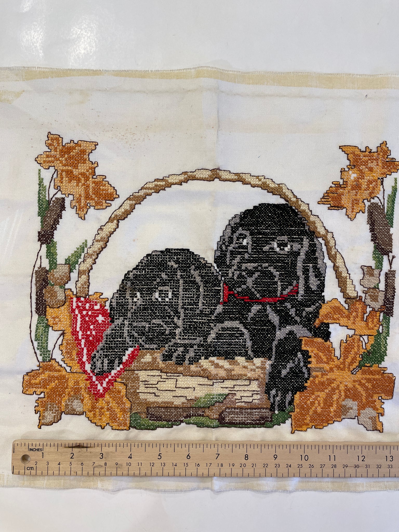 SALE Vintage Cross Stitch on Cotton - Black Puppies in a Basket