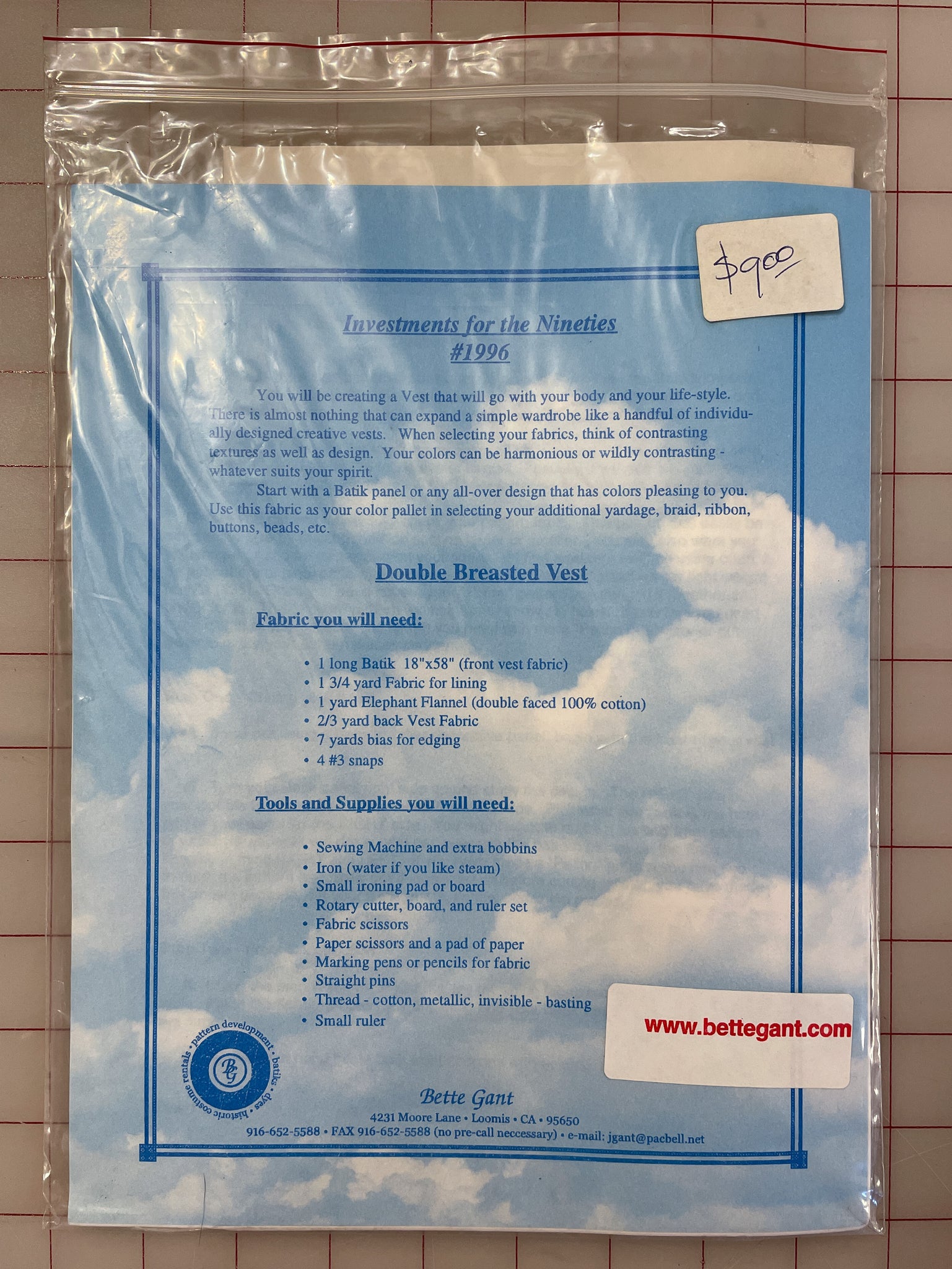 SALE Bette Gant 1996 Sewing Pattern - Quilted Vest FACTORY FOLDED