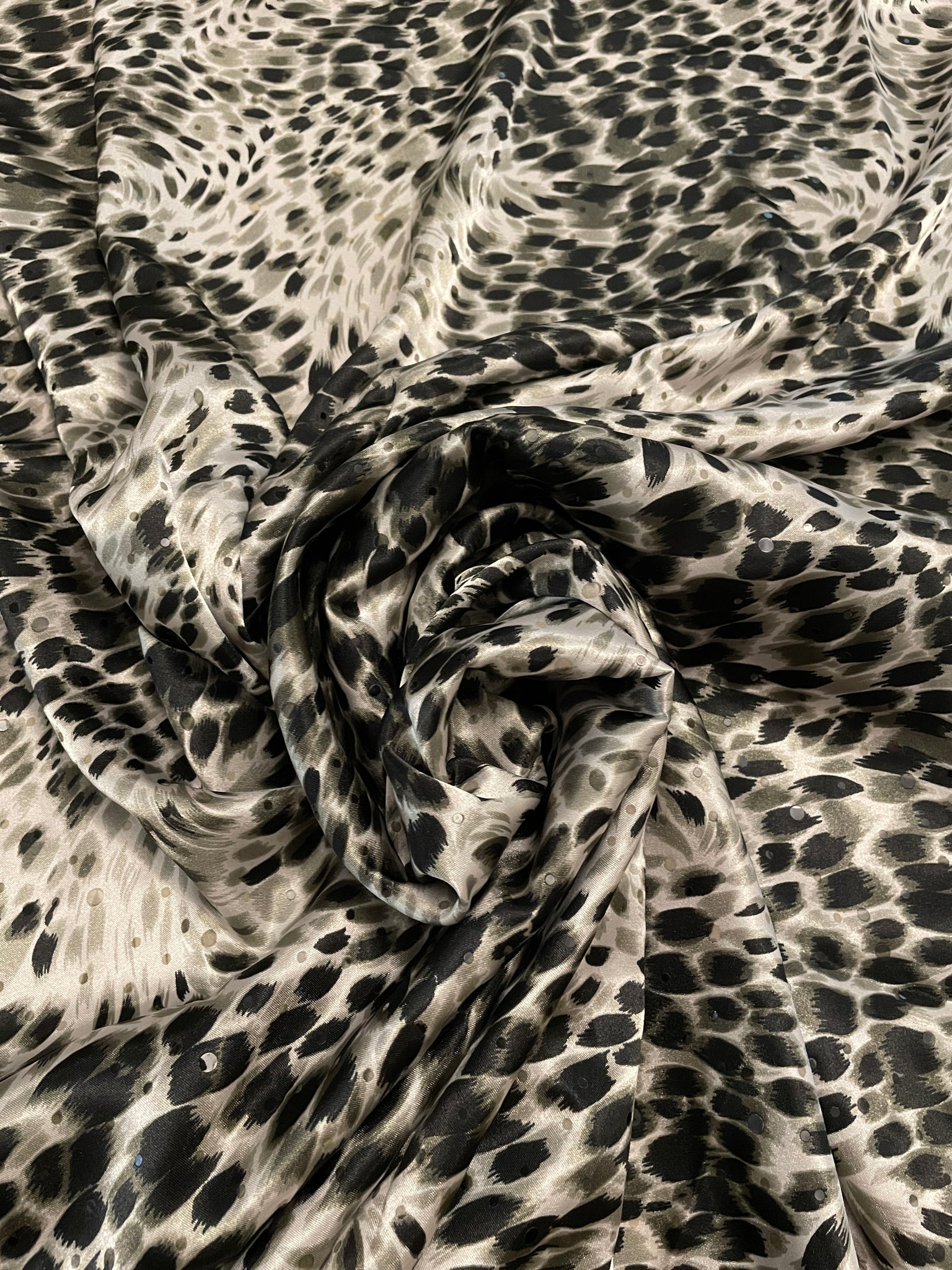 SALE 1 5/8 YD Polyester Charmeuse - Gray and Black Cheetah