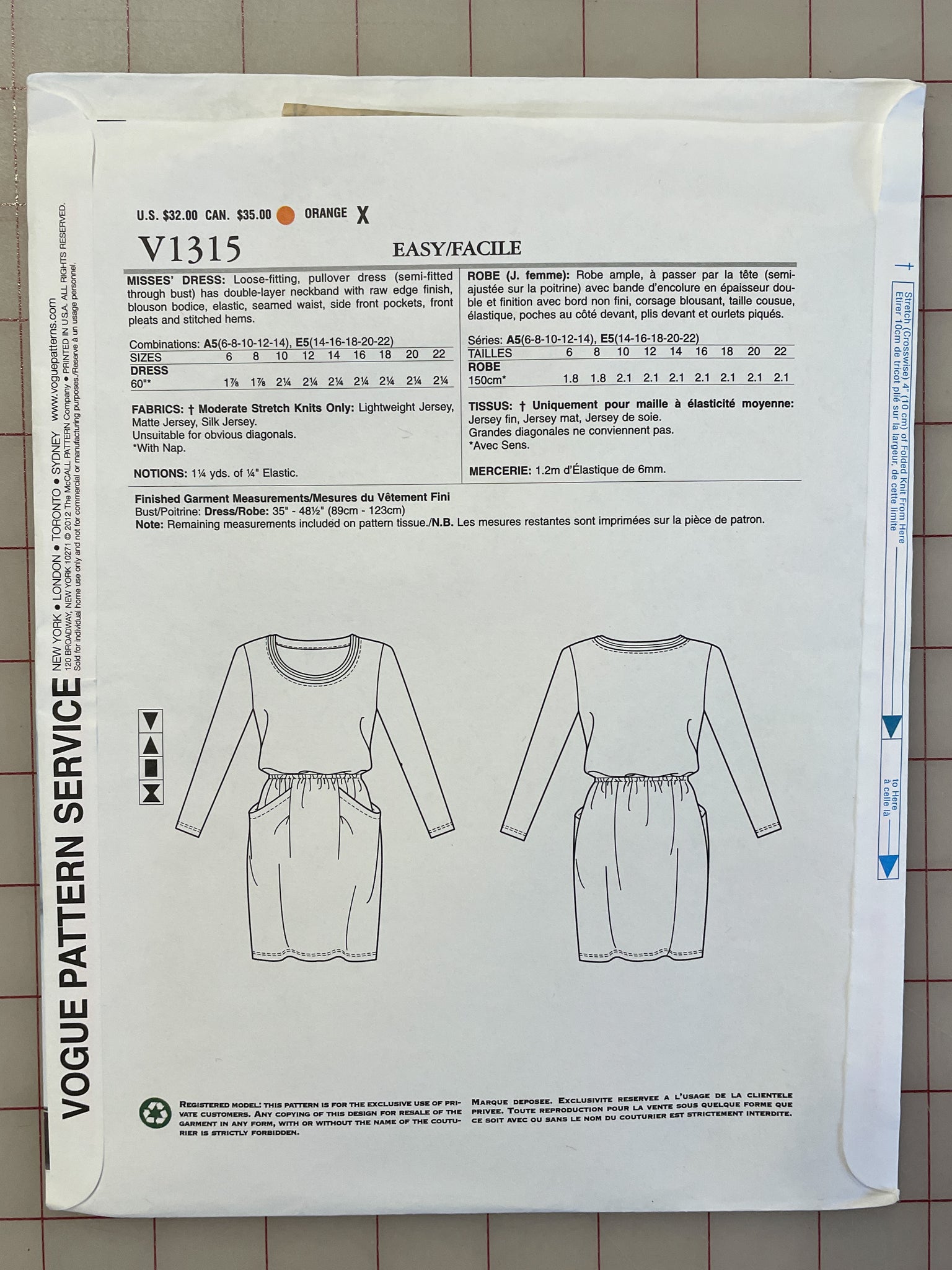 SALE 2012 Vogue 1315 Pattern - Dress FACTORY FOLDED