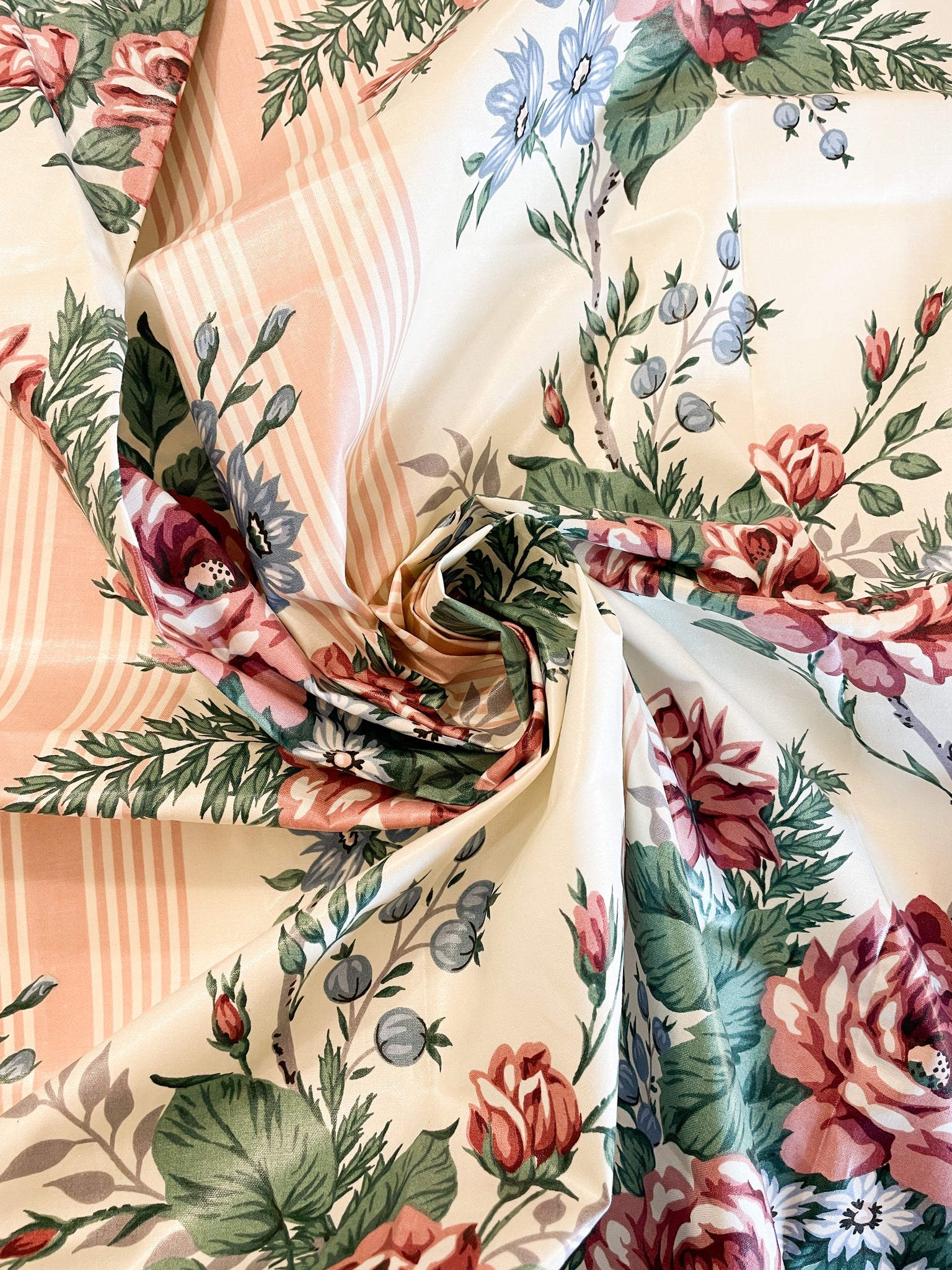 SALE Cotton Polished Vintage - White with Pink Stripes and Flowers