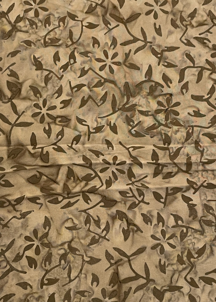 1 3/4 YD Rayon Batik - Beige with Tan Leaves, Flowers and Self Fringe