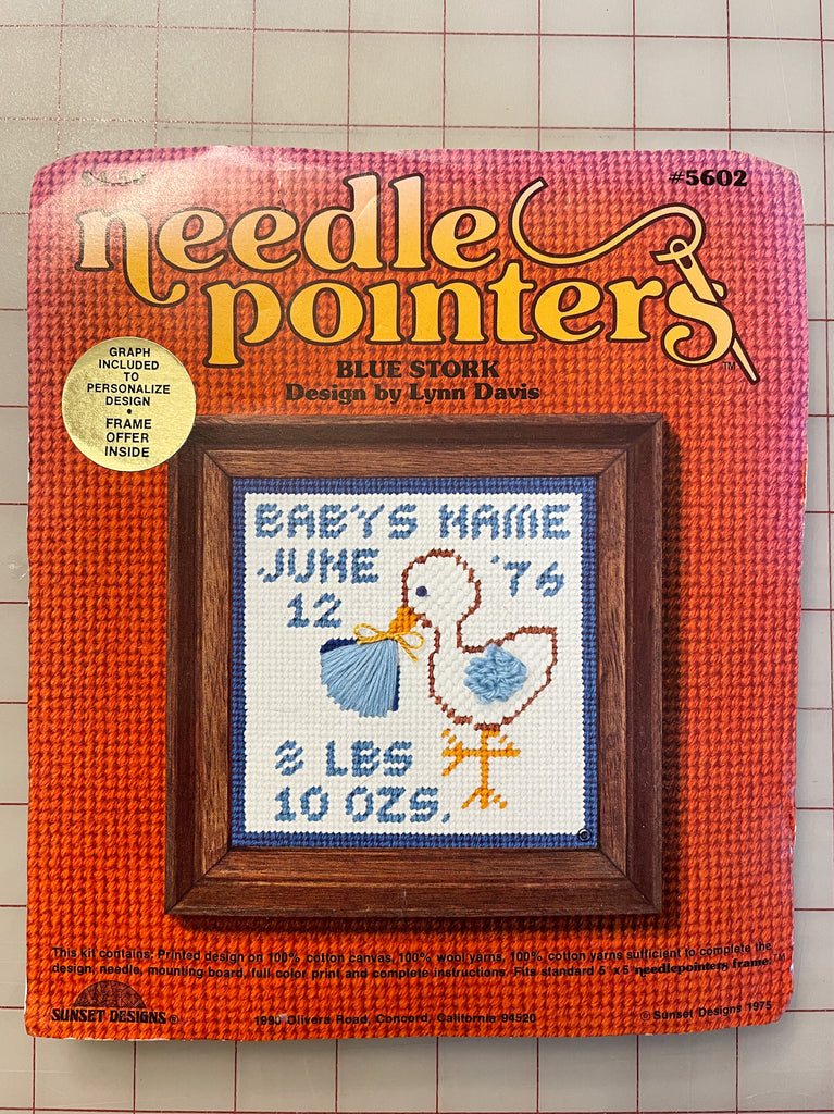 1975 Wool Needlepoint Kit Vintage - Baby's Name with Stork in Blue