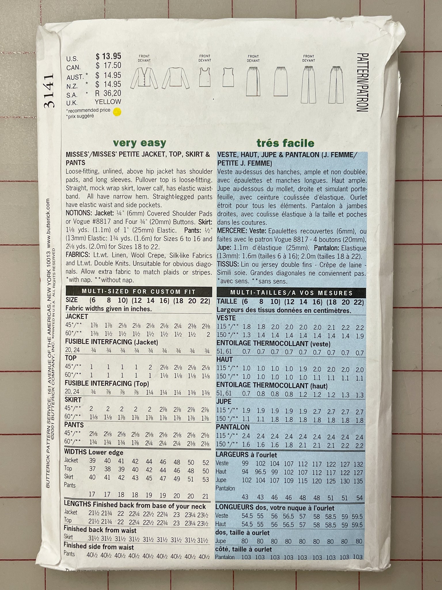 SALE 2001 Butterick 3141 Pattern - Women's Top, Skirt and Pants FACTORY FOLDED